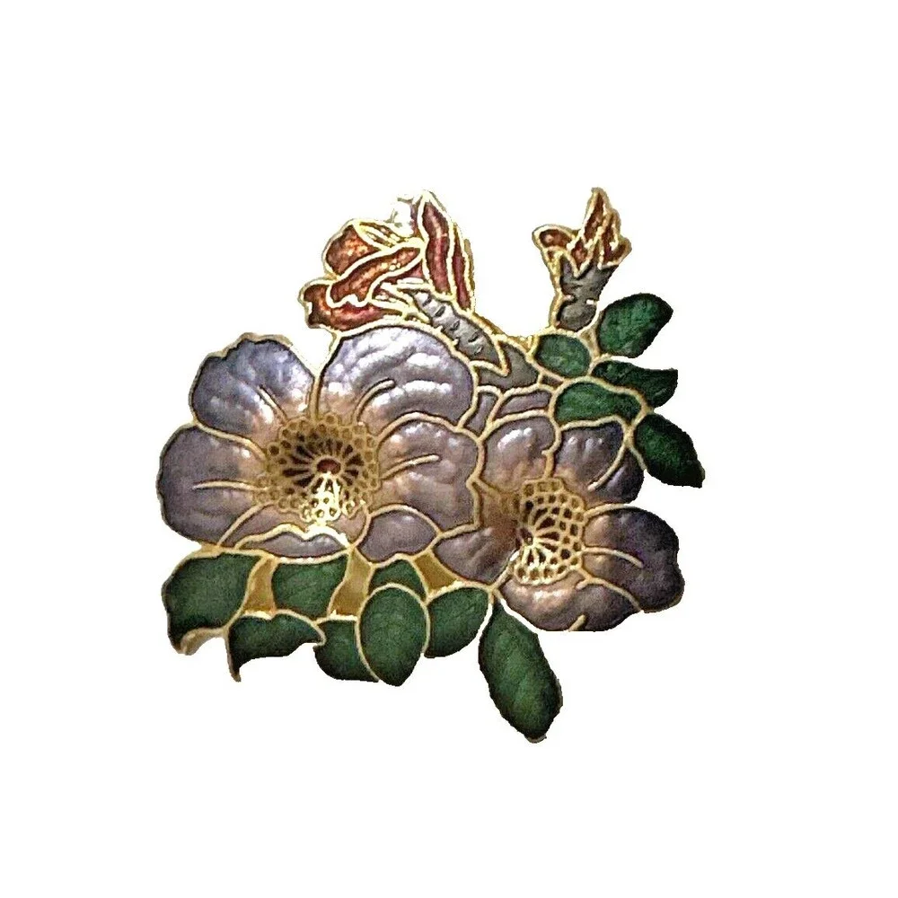 Vintage Cloisonne Enamel Brooch Ornate Floral Gold Tone Pin 1980s Retro 2.25